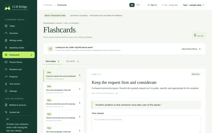 Flashcards built from the learner’s own writing feedback
