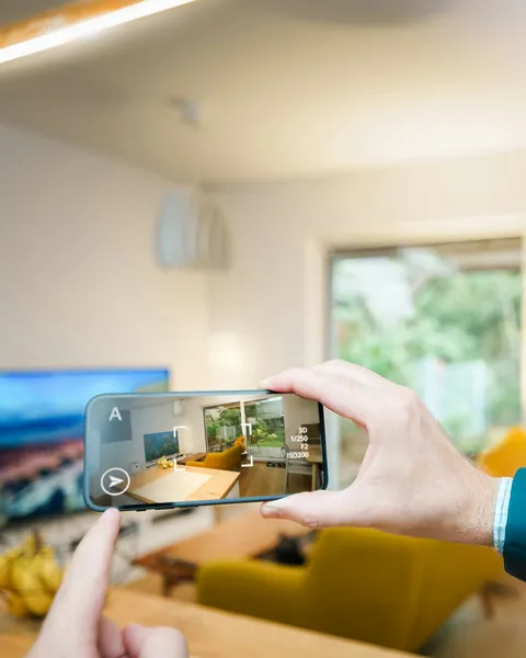 Theo filming a living room on his phone during a video showing