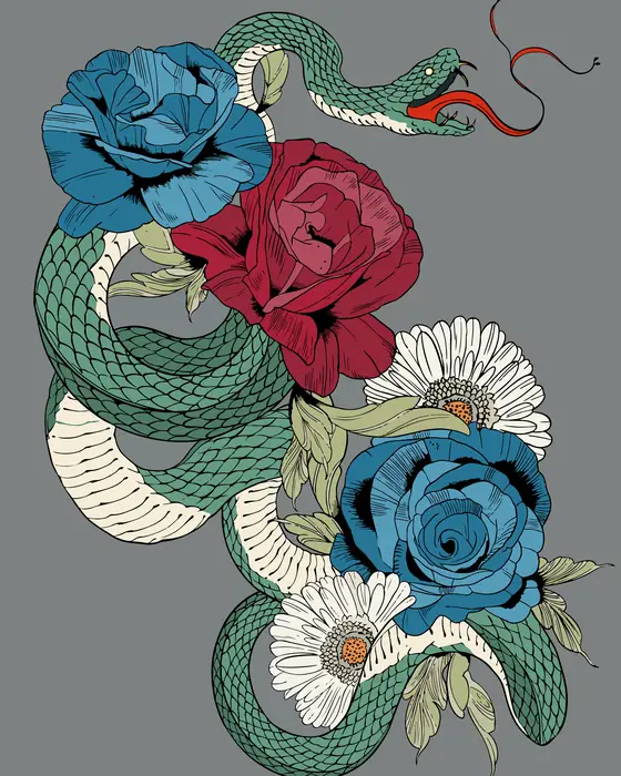 Flash drawing of a green snake winding through red and blue roses and daisies